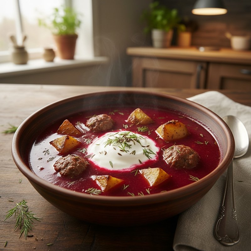 Barsciai hot soup with beeroots, potatoes and meatballs