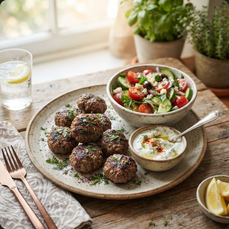Boulettes au bœuf, skyr & salade de crudités