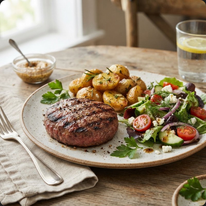 Steak haché, pommes grenaille & salade