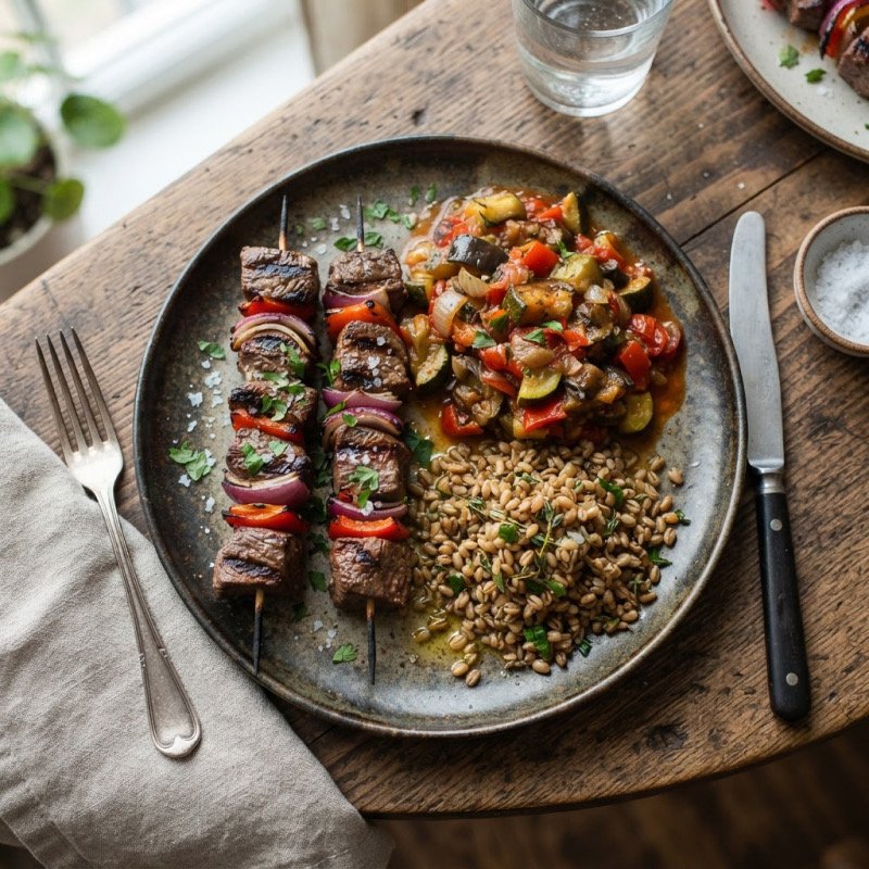 Brochettes de bœuf, blé & ratatouille