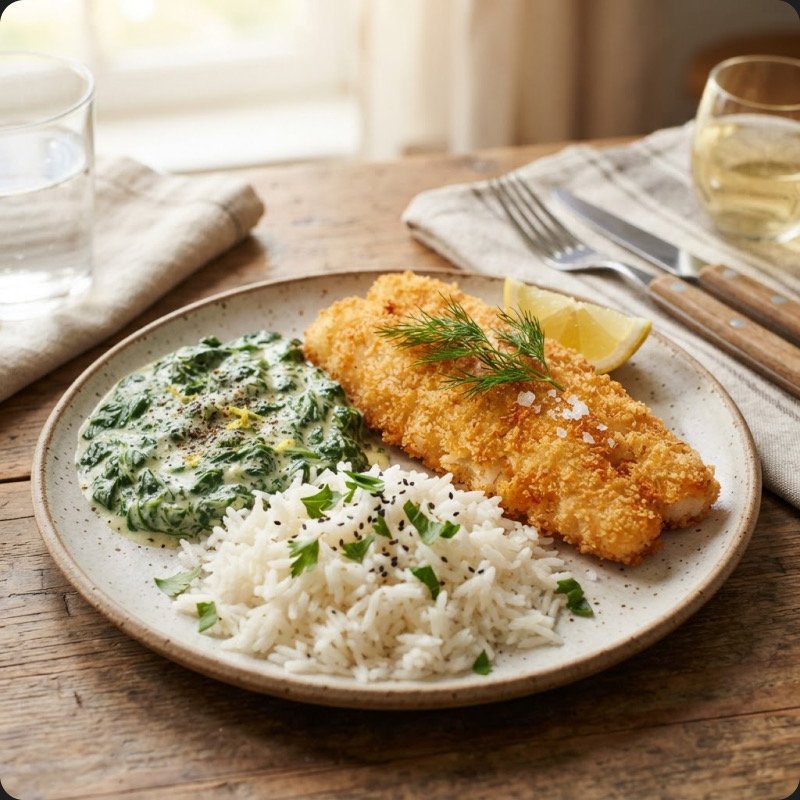 Breaded Fish with Creamed Spinach & Rice