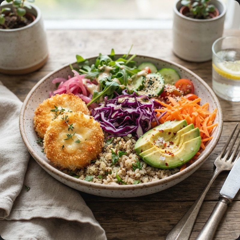 Bowl au chèvre pané & crudités