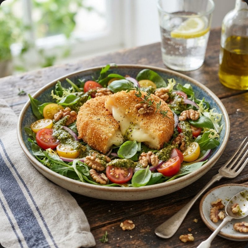 Salade de camemberts panés, tomates & pesto