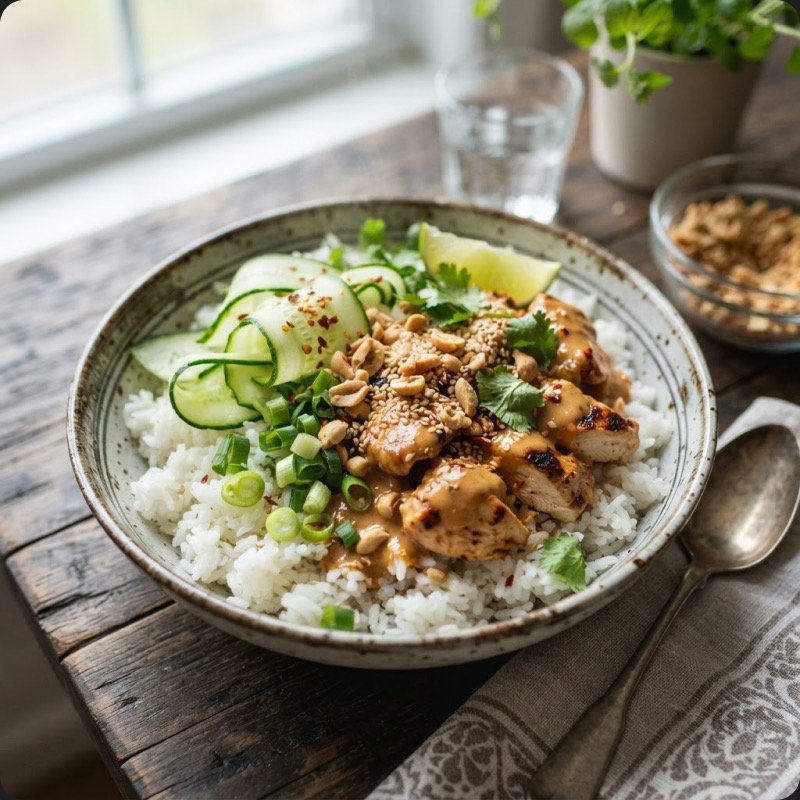 Bowl poulet sauce cacahuète, concombres & riz