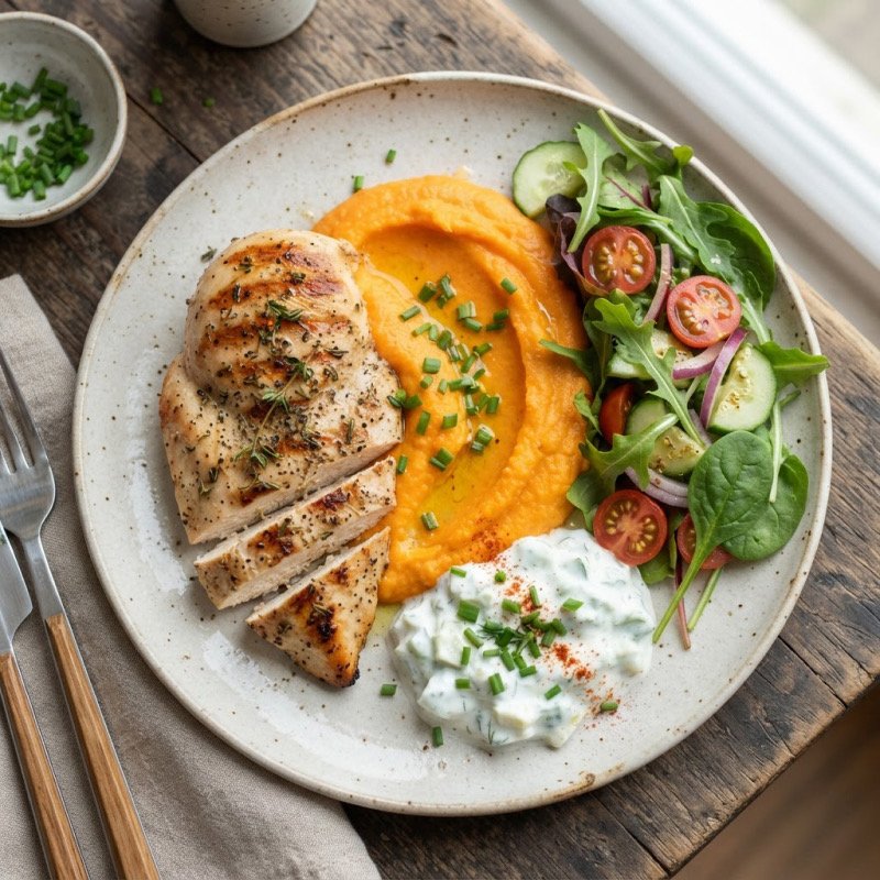 Poulet, purée de carottes & tzatziki