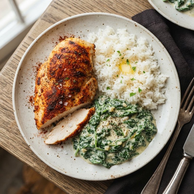 Chicken with Creamed Spinach & Rice