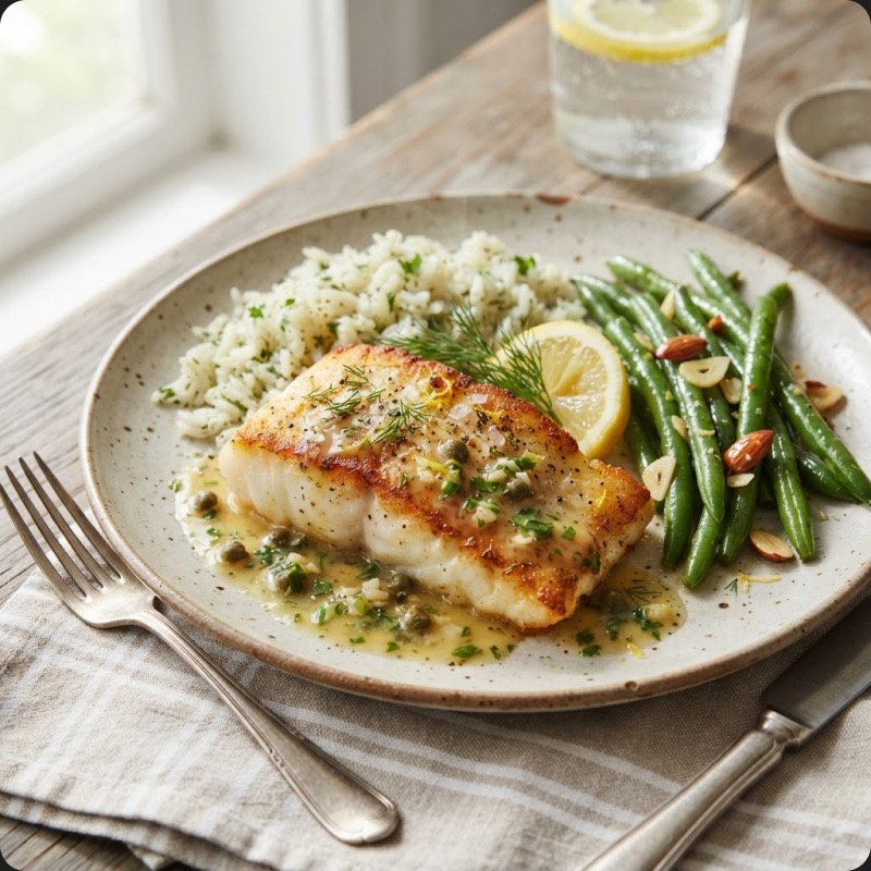 Cabillaud au beurre citronné, riz & haricots verts