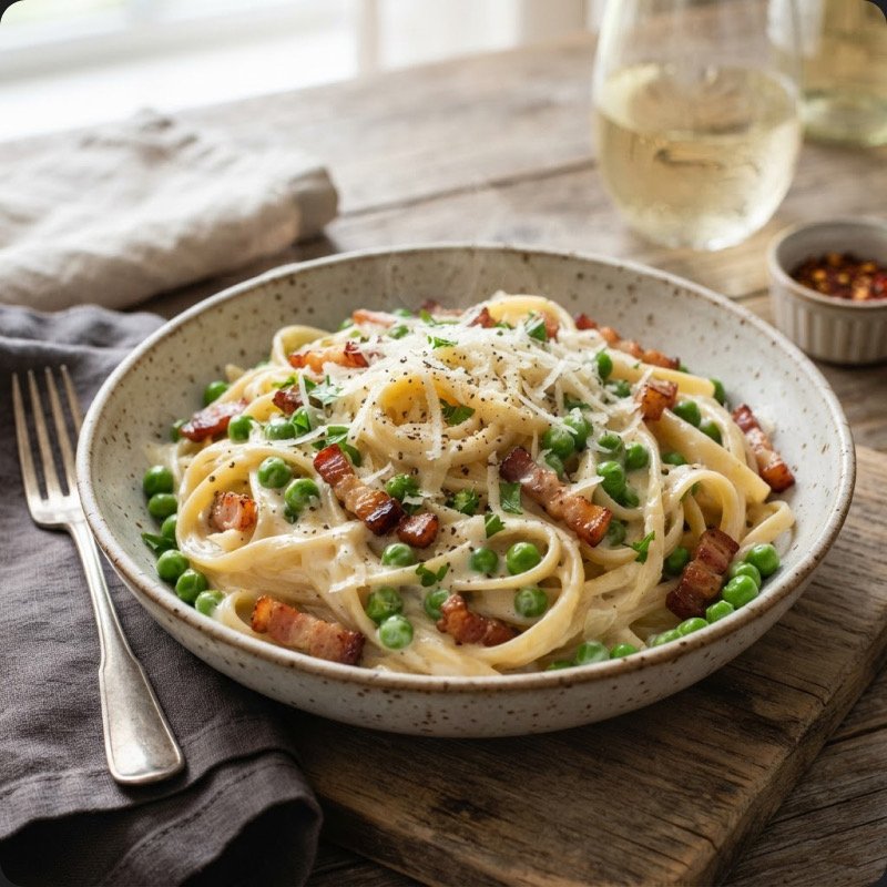Linguine crémeuses aux petits pois & lardons