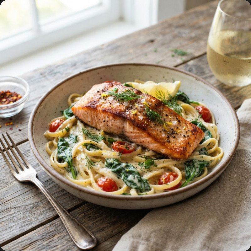 Linguine crémeuses au saumon & épinards