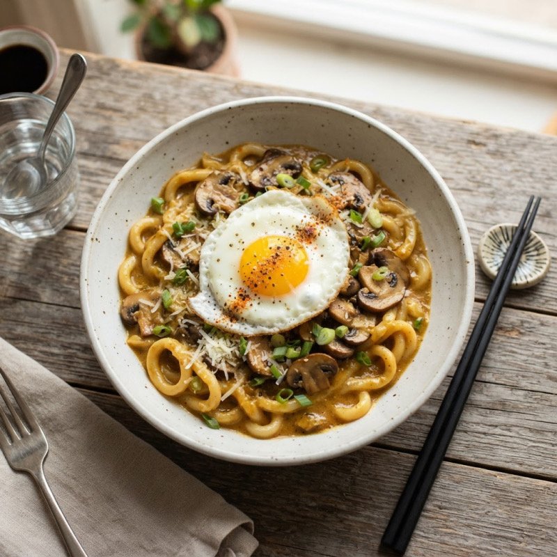 Udon à la crème de curry, champignons & œuf