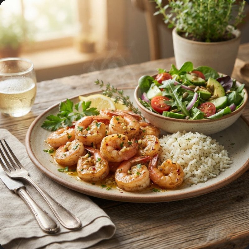 Crevettes à l'ail, riz & salade