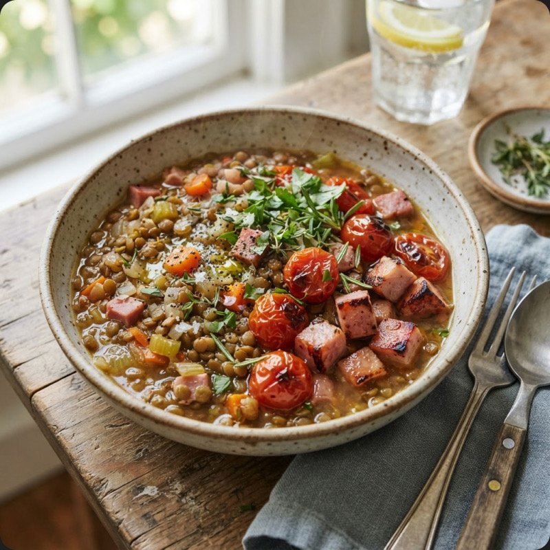 Bowl jambon, lentilles & tomates confites