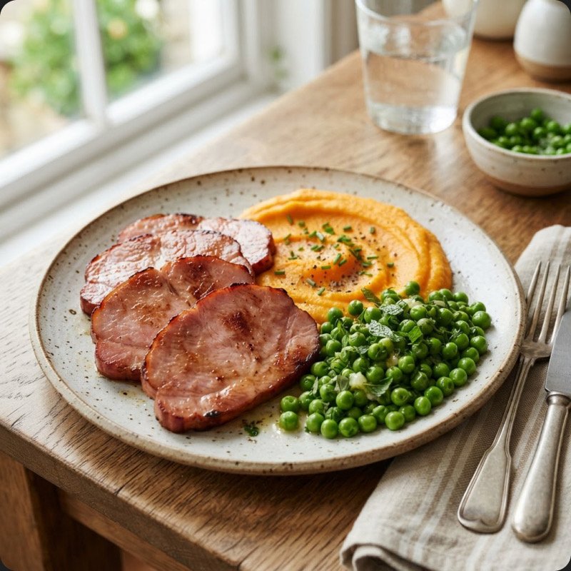 Jambon, purée de carottes & petits pois