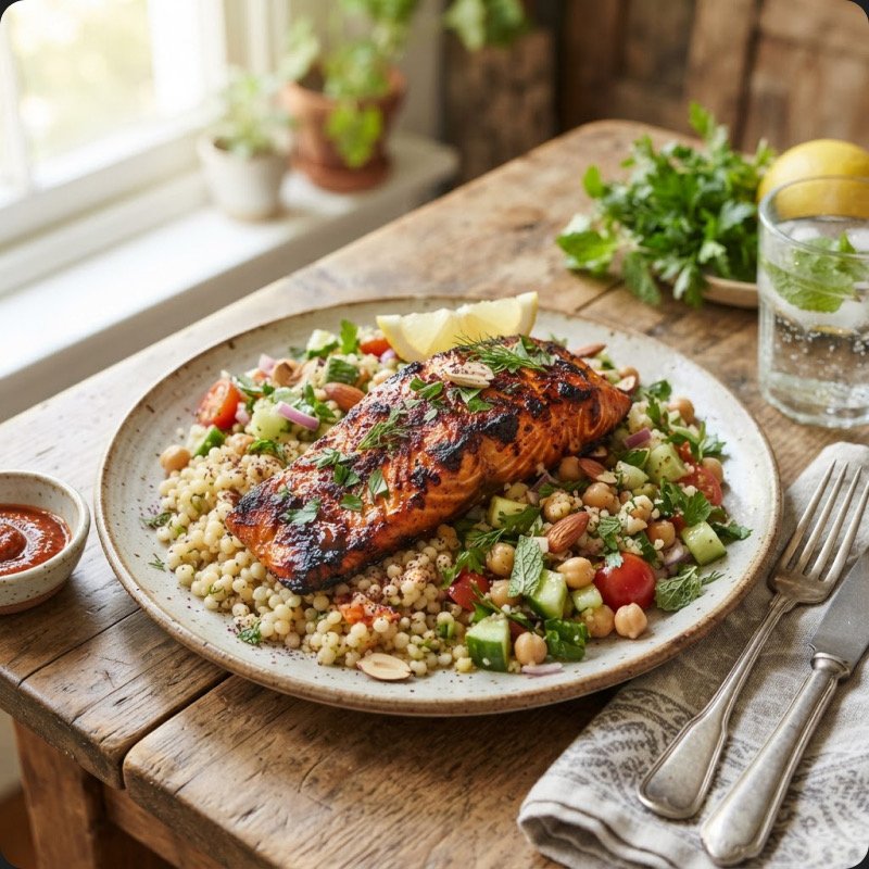 Saumon au harissa & taboulé aux concombres et pois-chiches