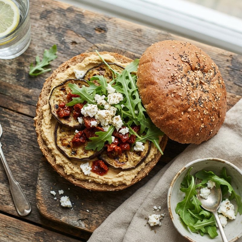 Burger houmous, feta & aubergine