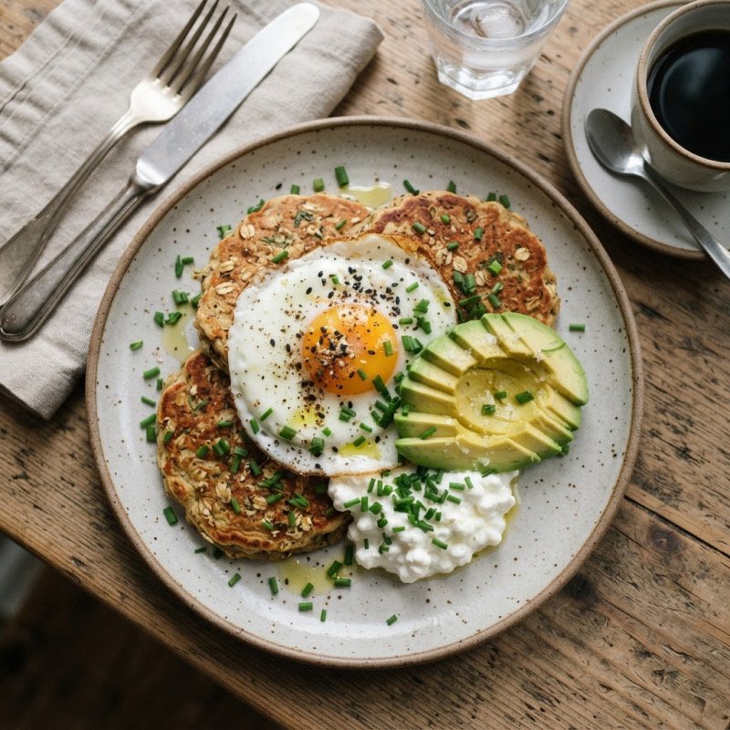 Pancakes flocons d'avoine, avocat & œuf au plat