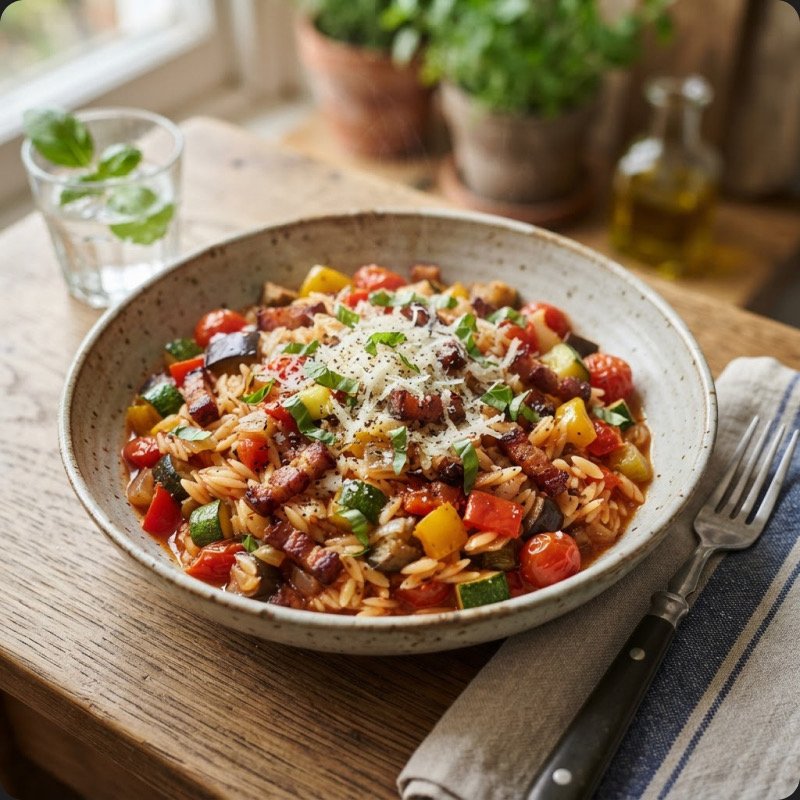 Orzo ratatouille & lardons