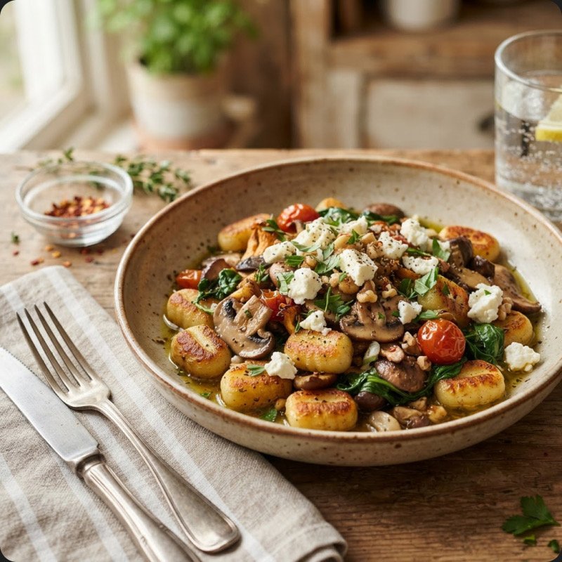 Gnocchi à poêler, champignons & feta