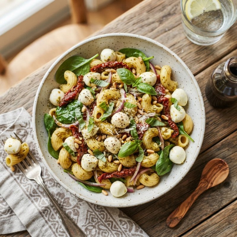 Salade de pâtes, pesto, mozza