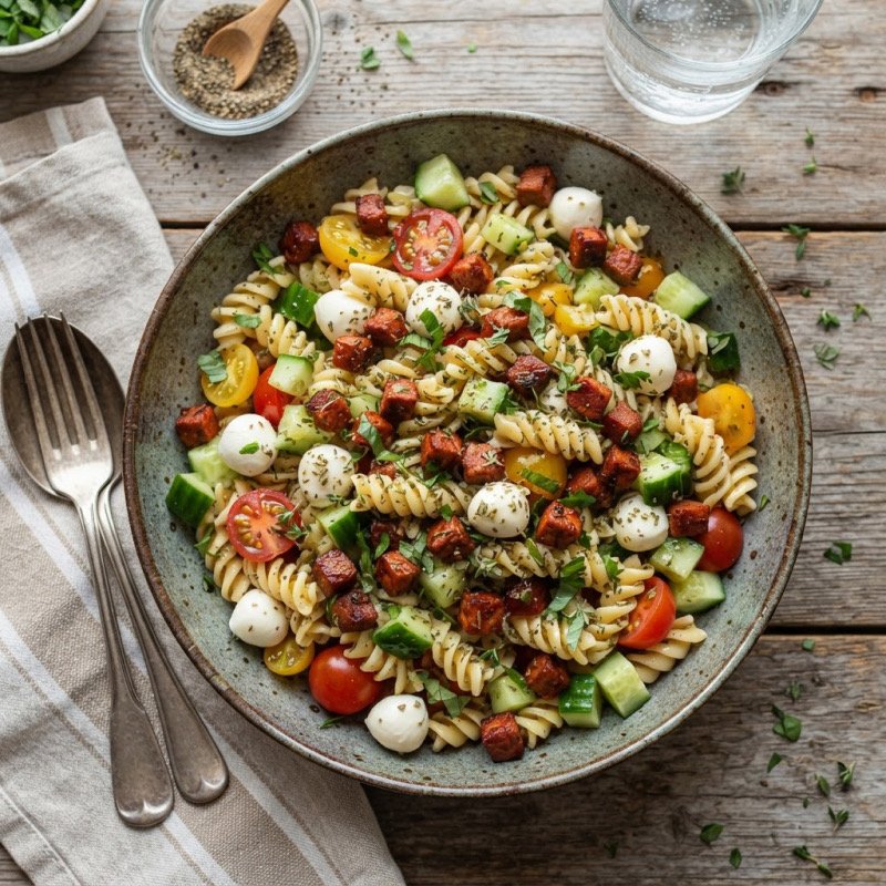 Pasta Salad with Tomatoes, Mozzarella & Chorizo