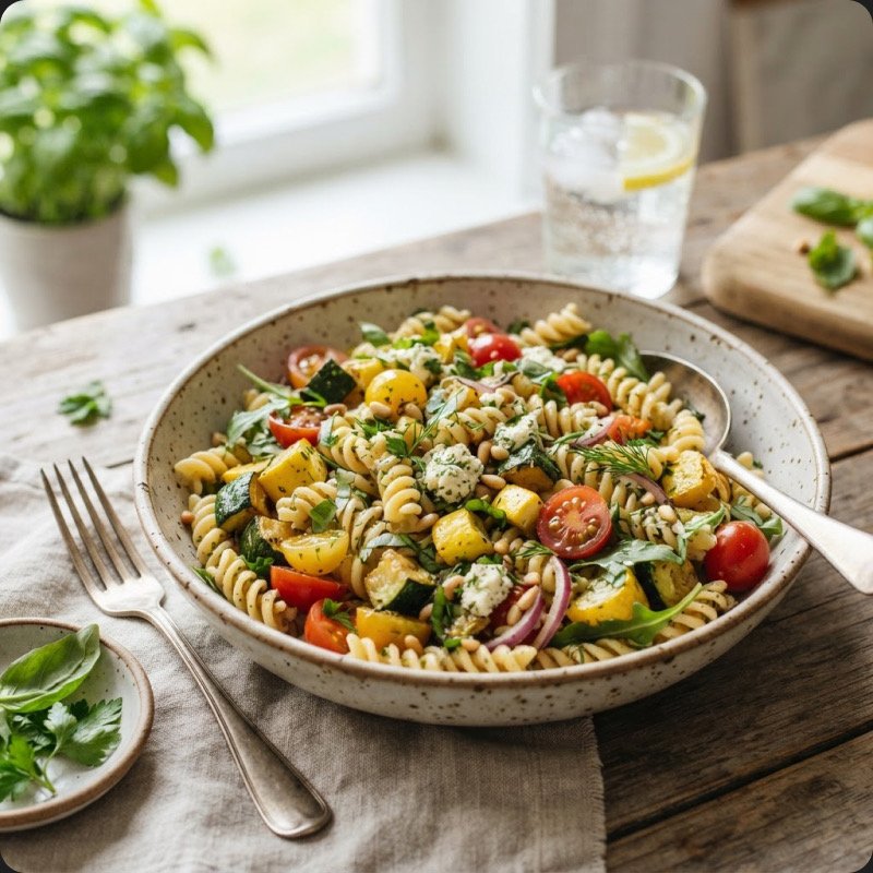 Salade de pâtes aux courgettes, tomates & Boursin