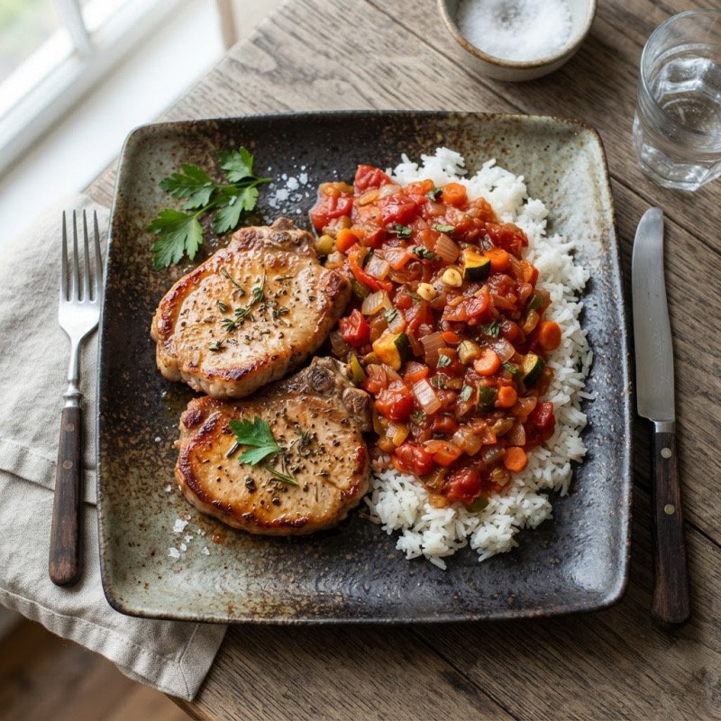 Côte de porc, riz et sauce tomate légumes