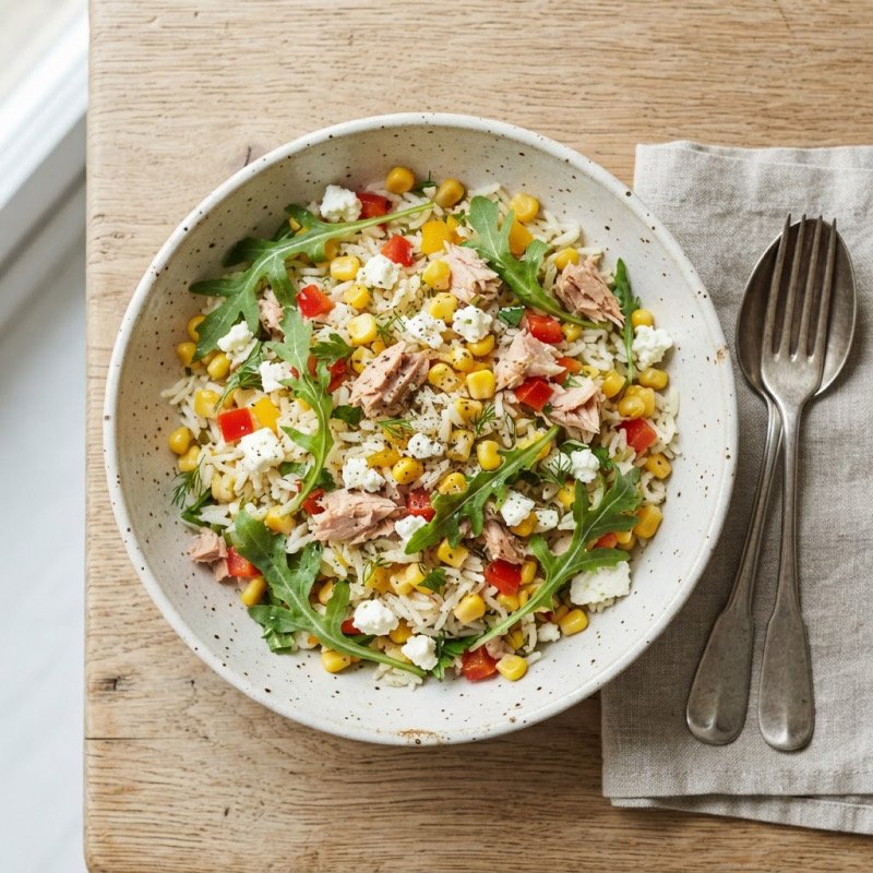 Salade de riz, maïs, thon & poivron