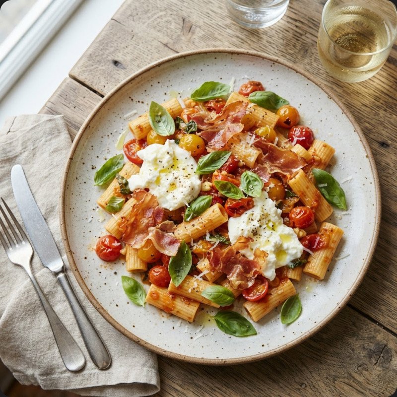 Rigatoni with Tomatoes, Prosciutto & Burrata