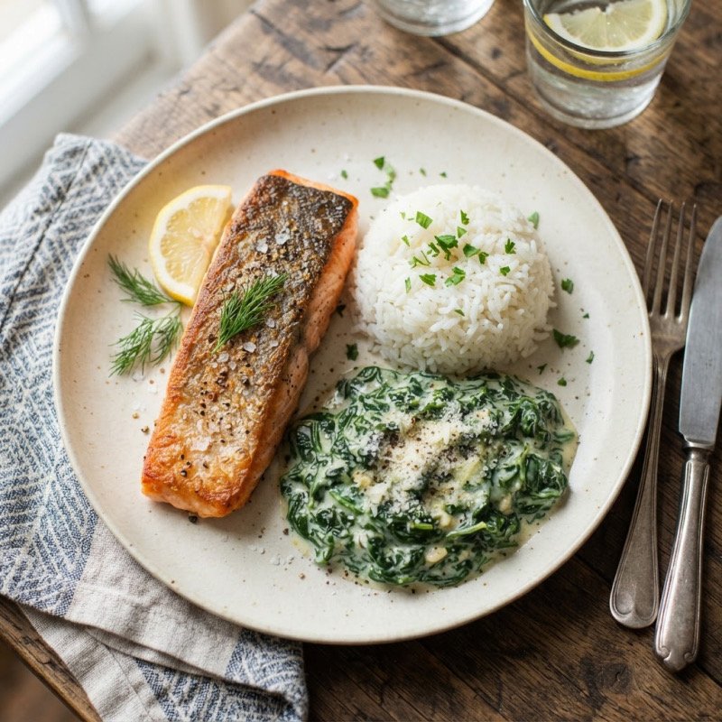 Saumon, épinards à la crème & riz