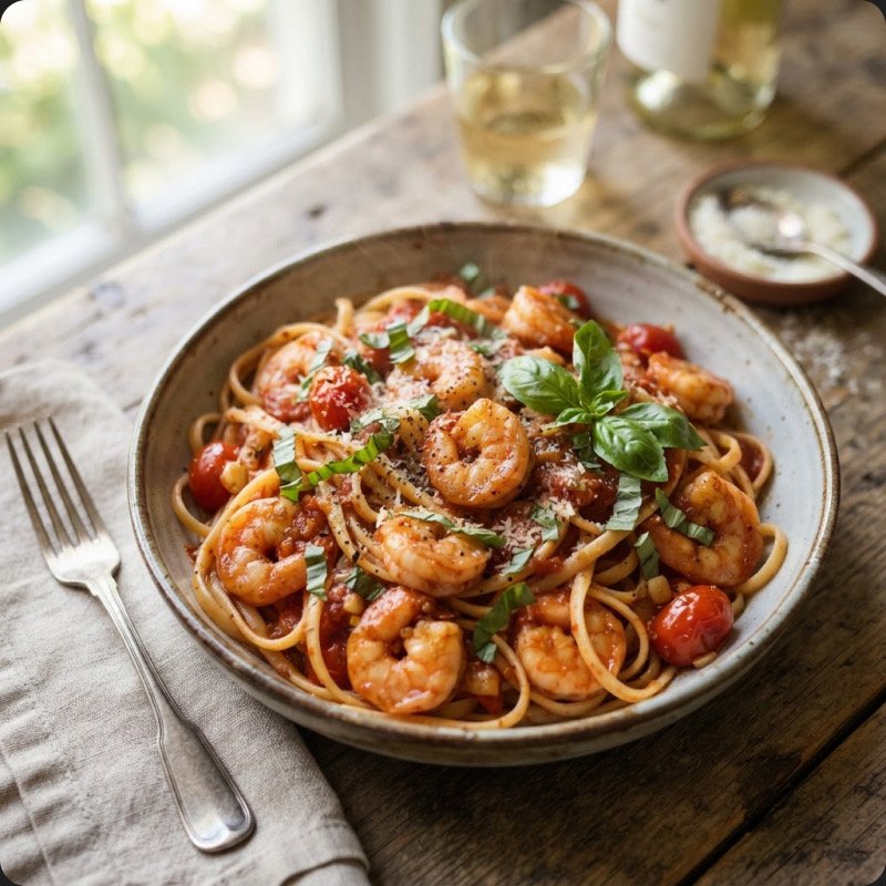 Linguine aux crevettes & sauce tomate