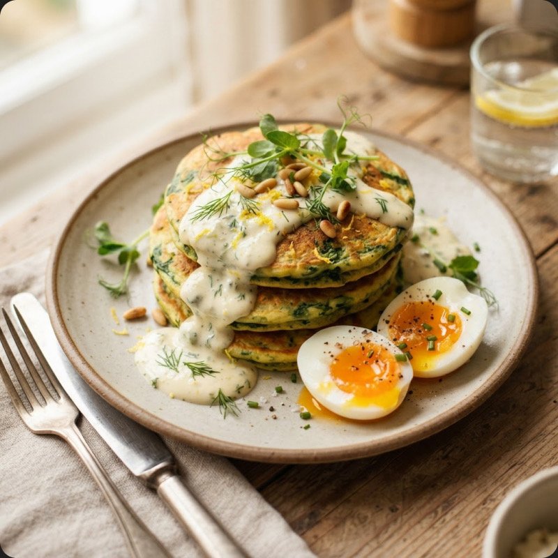 Pancakes épinards, œuf & ricotta