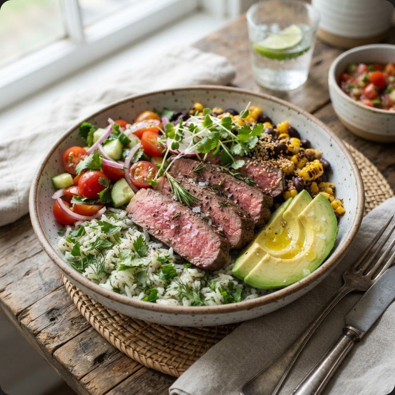Steak bowl, tomates, avocat & riz
