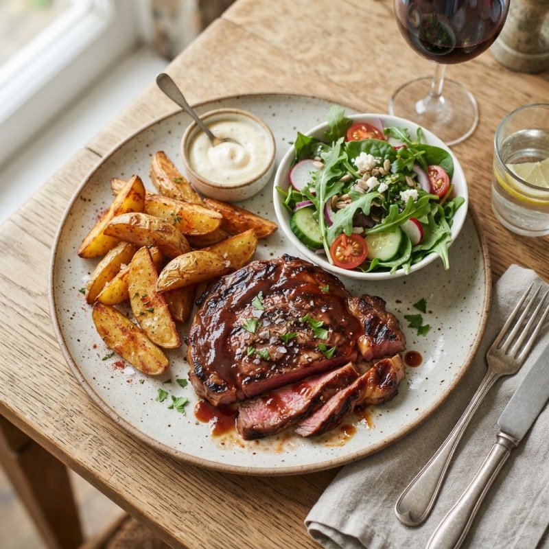 Steak, sauce bbq, pommes de terre & salade