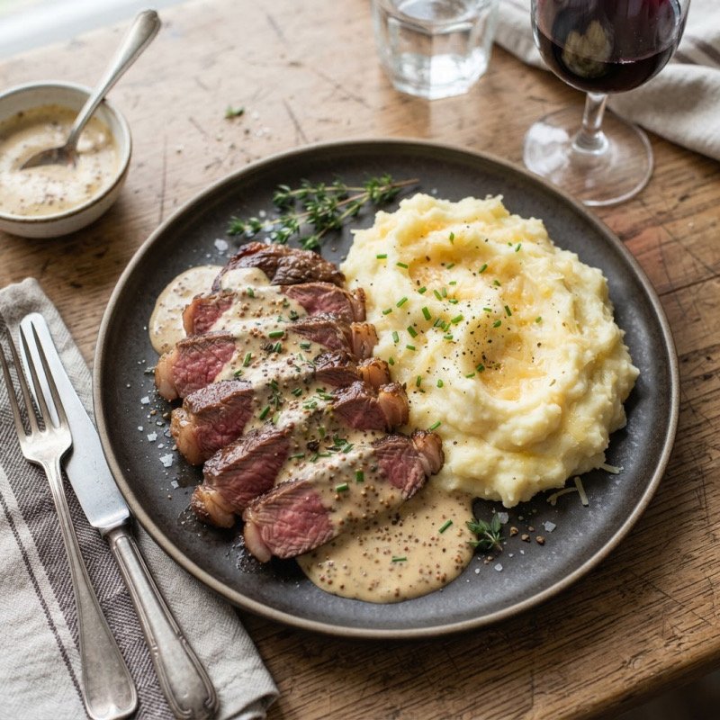 Steak sauce moutarde & purée express au comté