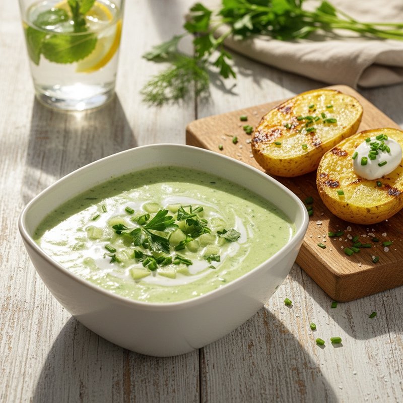 Veggie Cold soup and grilled potatoes