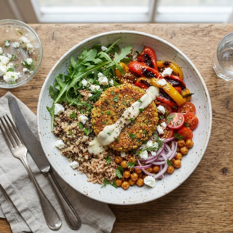 Bowl escalope végé, poivrons marinés & feta