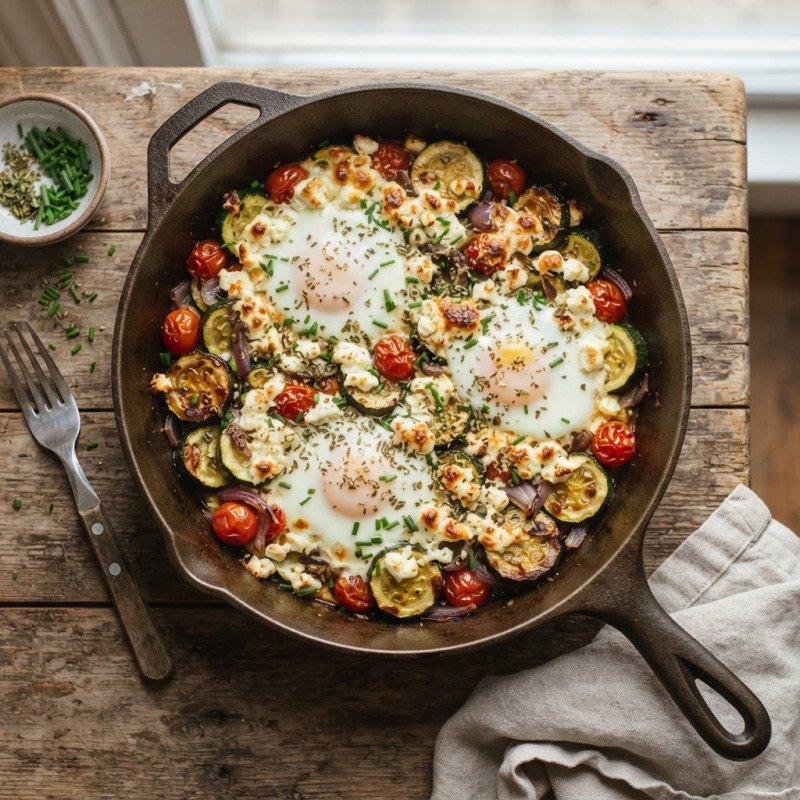 Poêlée de courgettes, feta & œuf