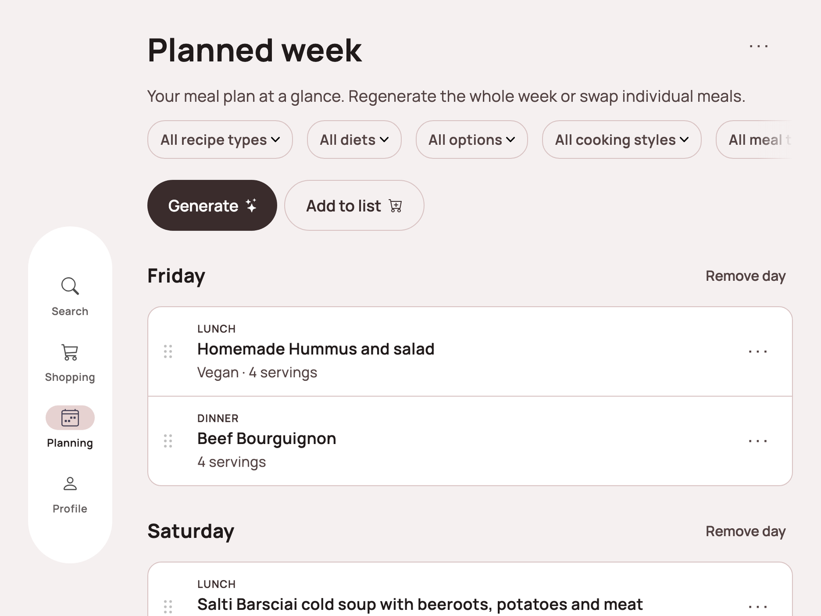 Lazy Meal weekly planner showing Friday and Saturday's lunch and dinner filled in