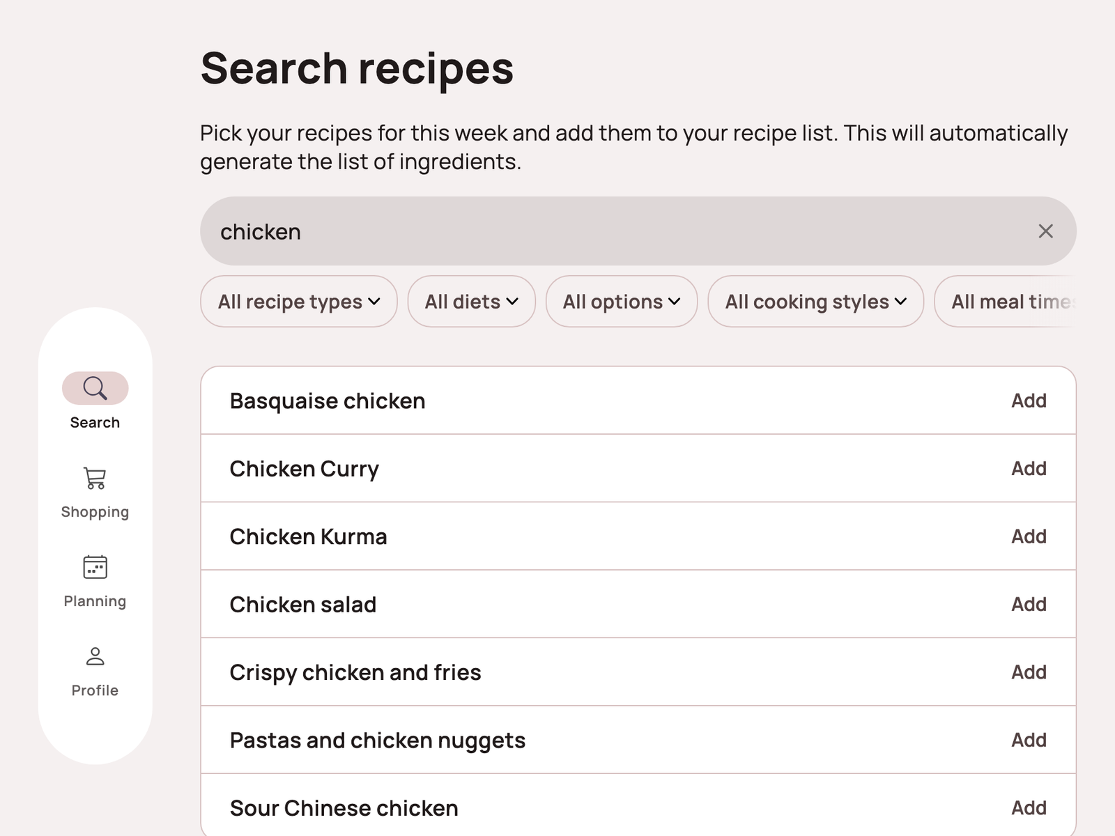 Lazy Meal search screen showing recipe results filtered by 'chicken'