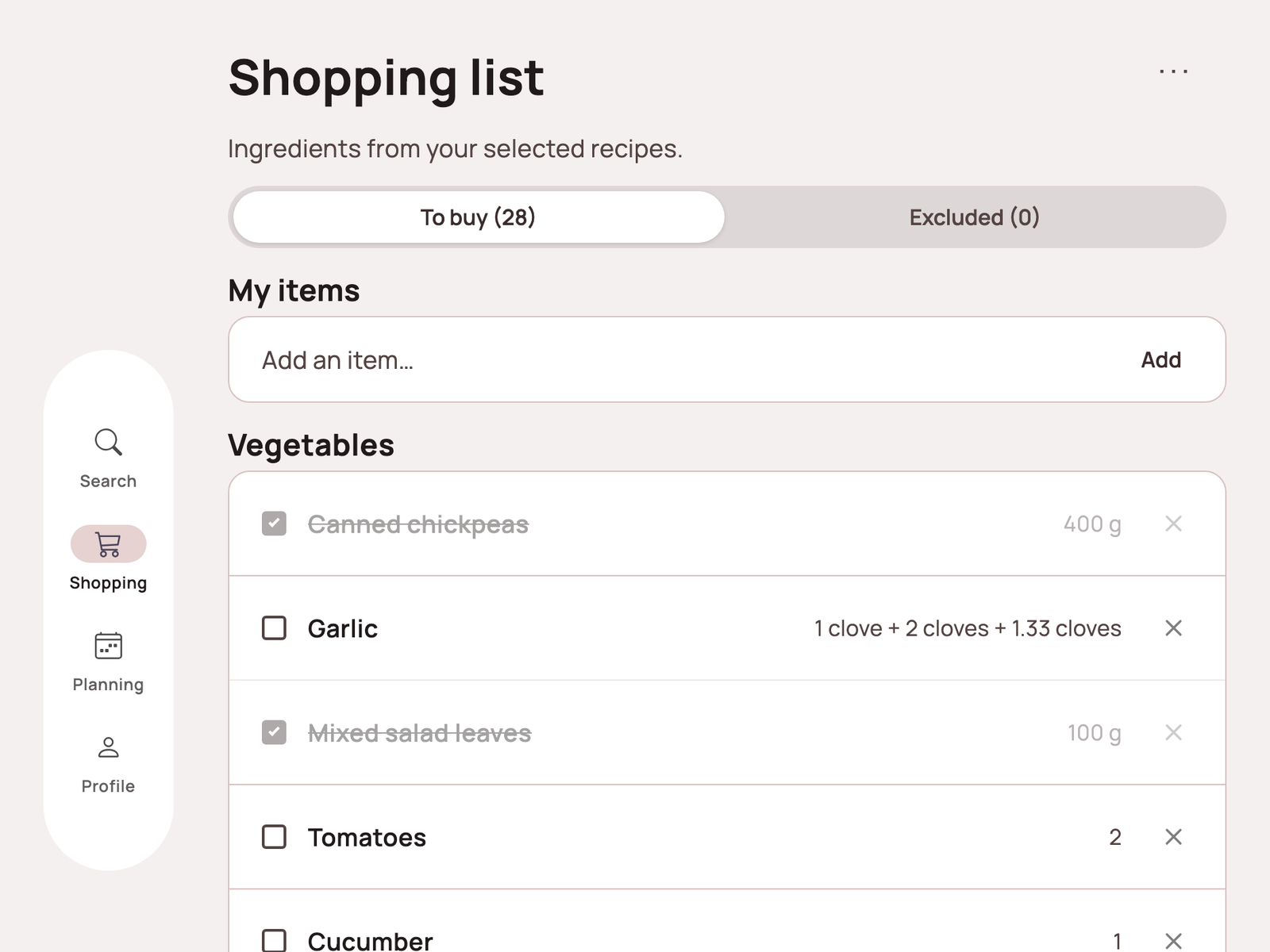 Lazy Meal shopping list grouped by aisle, with a few items checked off
