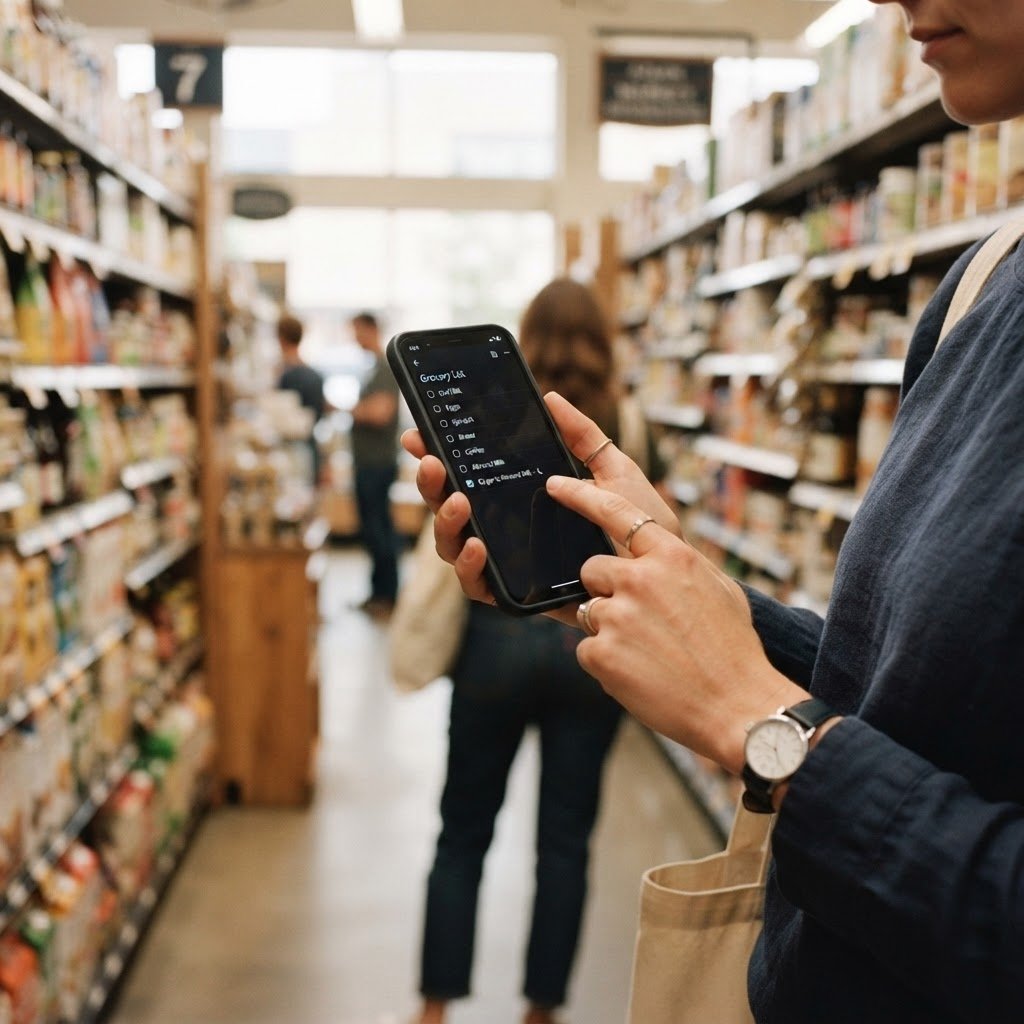 Someone checking off items on their phone's shopping list while standing in a grocery store aisle